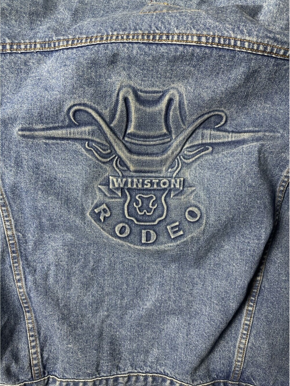 Vintage 90s Winston Rodeo Denim Jacket Mens L Embossed Cowboy Tobacco Promo